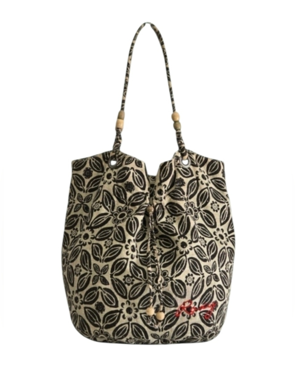 Roxy Black & Cream Floral Tote Bag with Wooden Bead Details-EUC